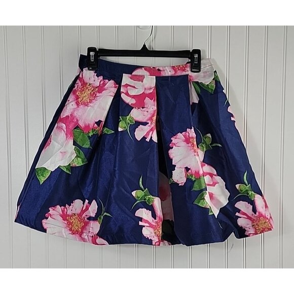 Sequin Hearts Navy Blue Bold Floral Skirt Size 7 Juniors Statement Pink Flowers - Picture 8 of 9